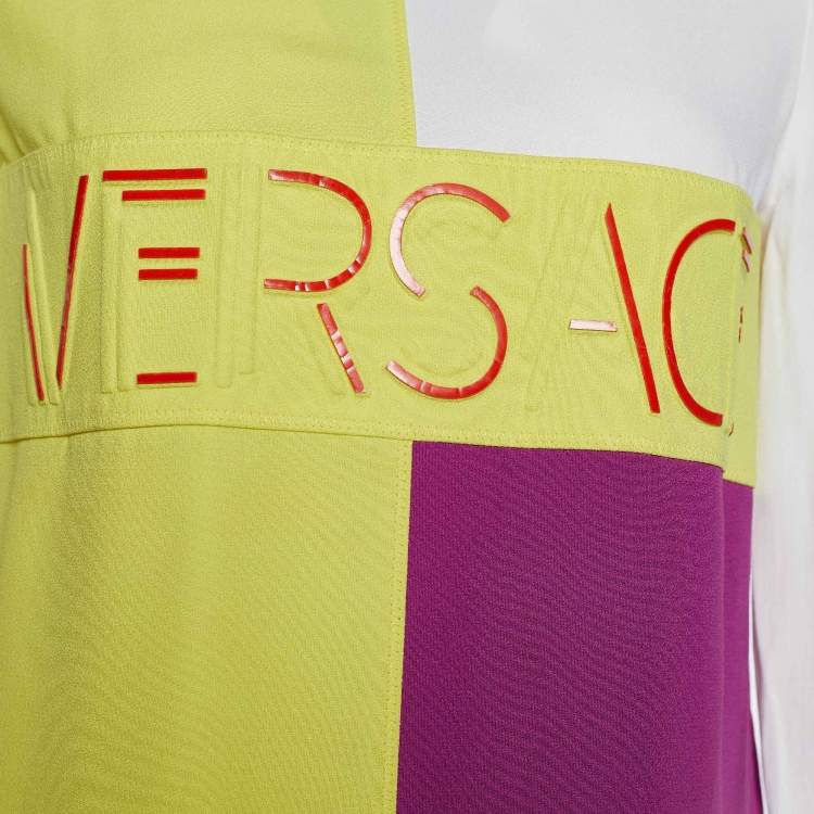Pre Owned Versace Colorblock Crepe Logo Embossed Long Sleeve Blouse S