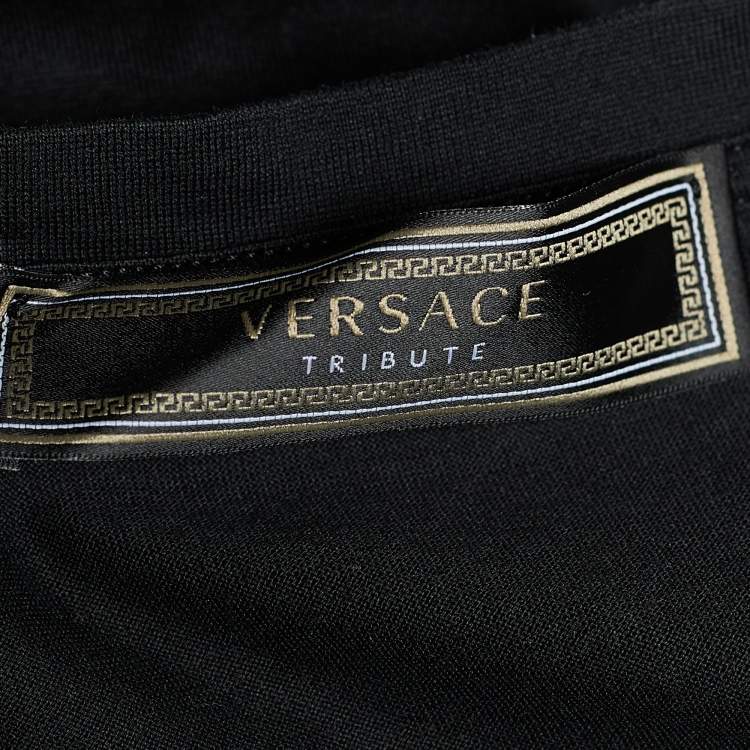Pre Owned Versace Tribute Black Jersey Metallic Logo Print T-Shirt M