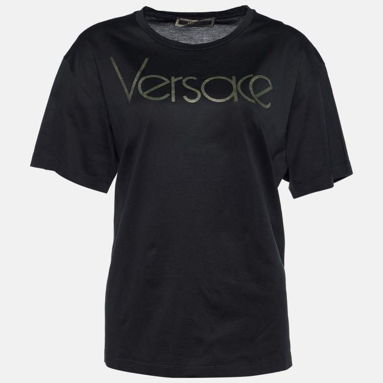 Pre Owned Versace Tribute Black Jersey Metallic Logo Print T-Shirt M