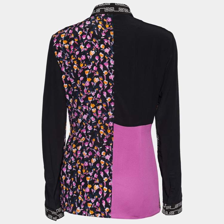 Pre Owned Versace Black & Pink Silk Floral Print Patched Blouse M