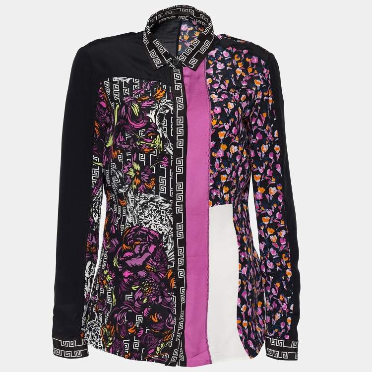 Pre Owned Versace Black & Pink Silk Floral Print Patched Blouse M