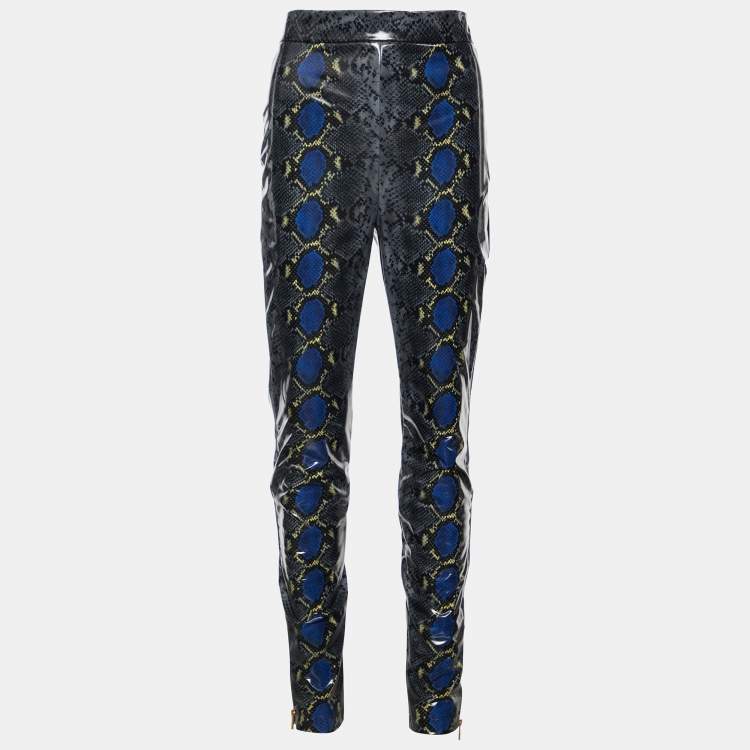 Pre Owned Versace Grey Snakeskin Print Coated Knit Leggings M