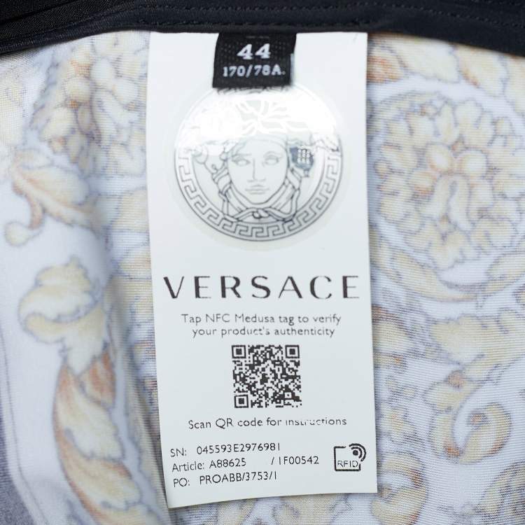 Pre Owned Versace Gold & Black Coated Knit Barocco Print Leggings M