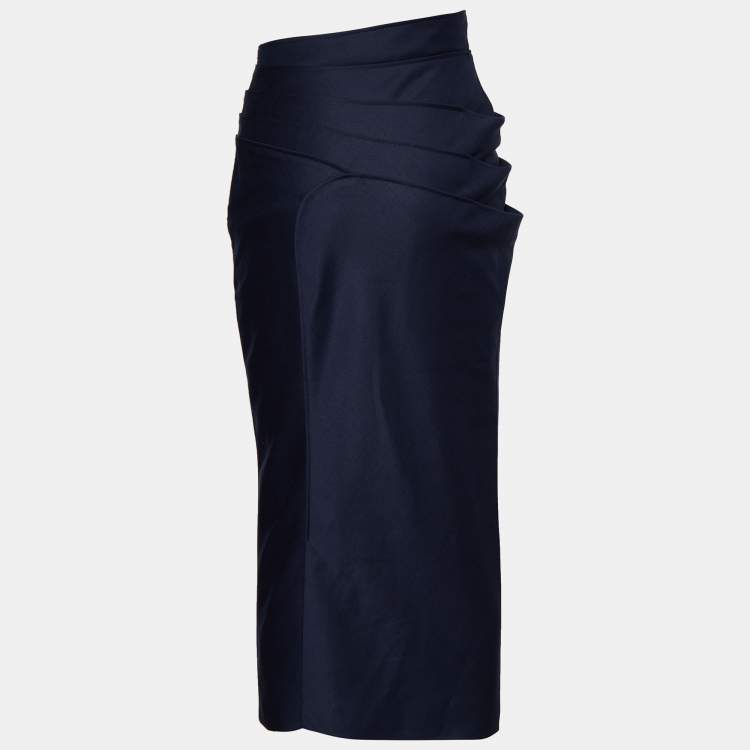 Pre Owned Versace Navy Blue Wool Pleated Detail Knee Length Skirt S