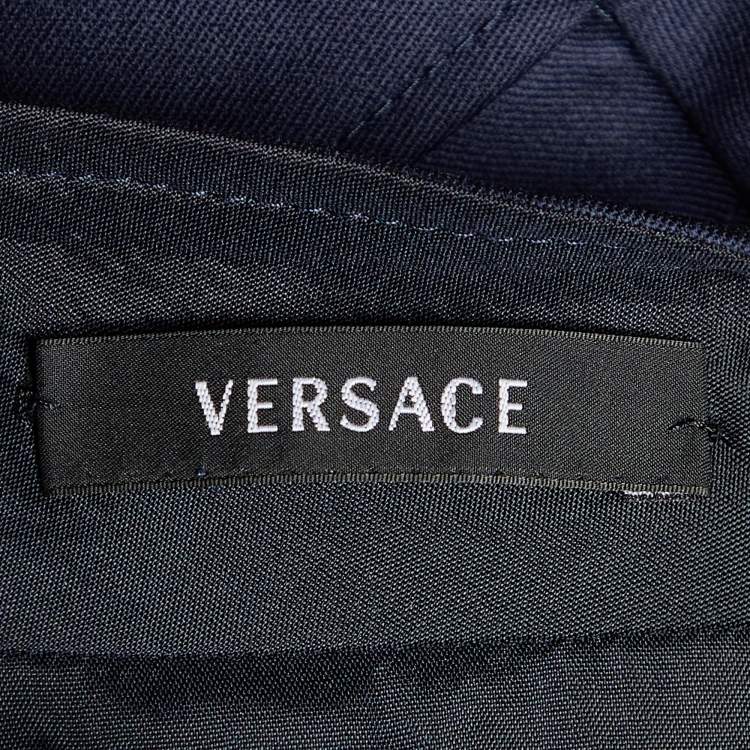 Pre Owned Versace Navy Blue Wool Pleated Detail Knee Length Skirt S