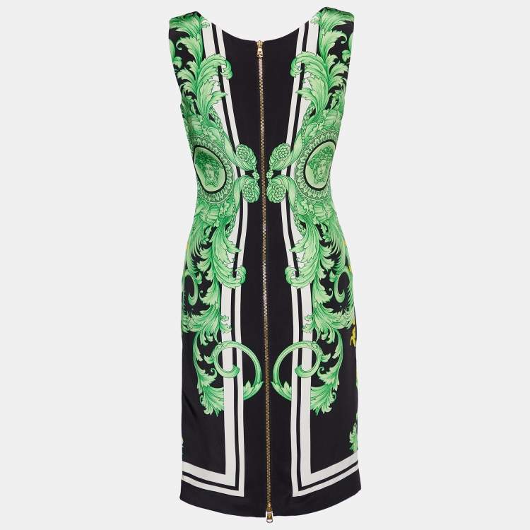Pre Owned Versace Black Dragon Print Silk Sheath Dress S
