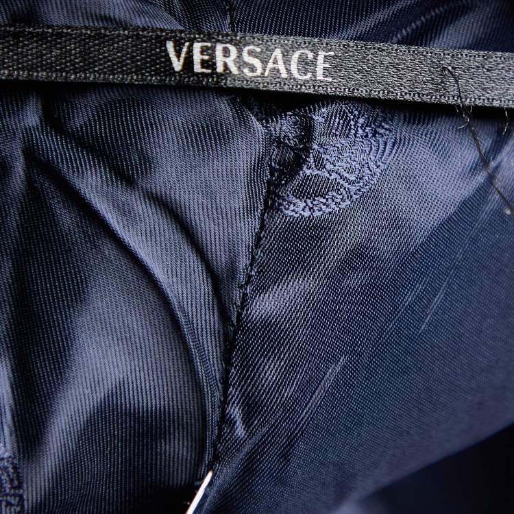 Pre Owned Versace Navy Blue Leather & Silk Paneled Mini Skirt M