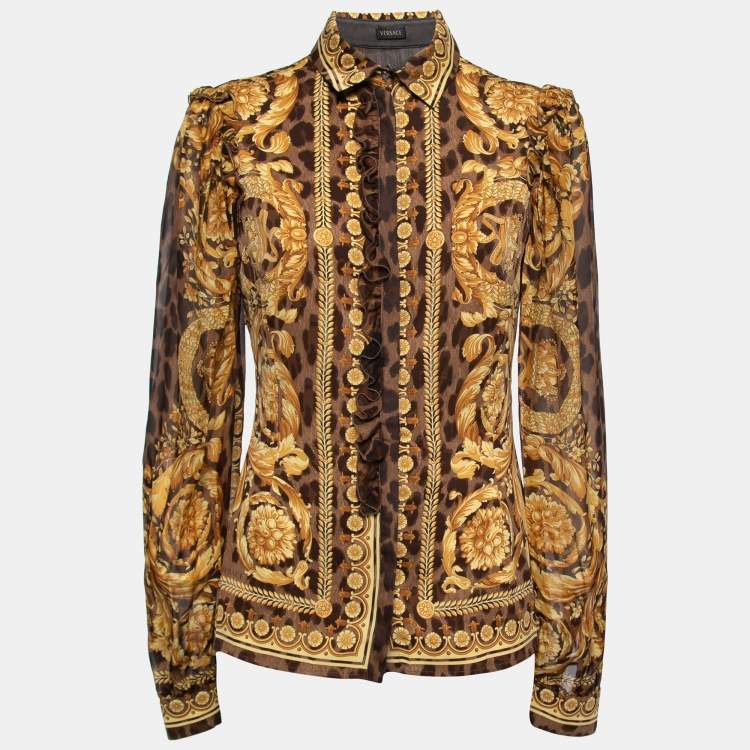 Pre Owned Versace Brown Animal Printed Silk Ruffle Detail Shirt M