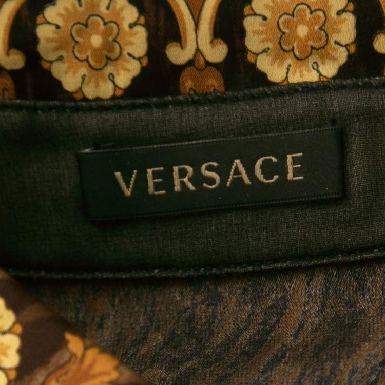 Pre Owned Versace Brown Animal Printed Silk Ruffle Detail Shirt M