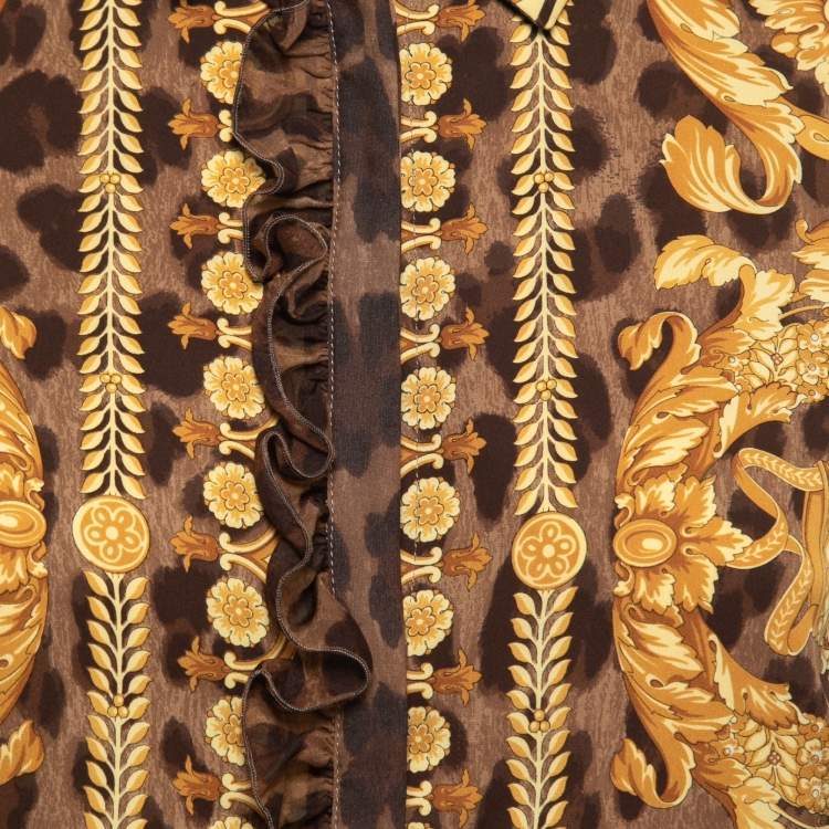 Pre Owned Versace Brown Animal Printed Silk Ruffle Detail Shirt M