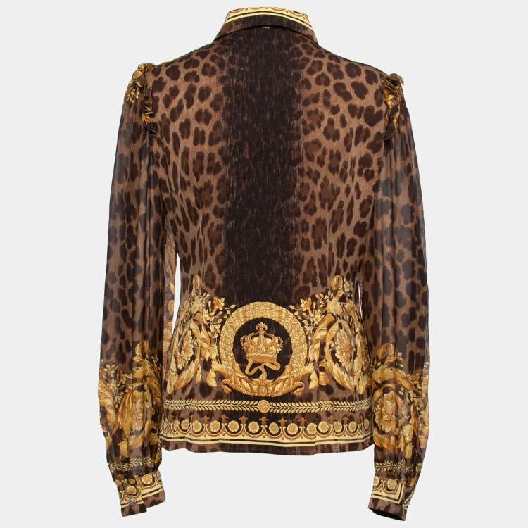 Pre Owned Versace Brown Animal Printed Silk Ruffle Detail Shirt M