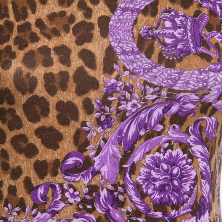 Pre Owned Versace Brown & Purple Animal Print Jersey Round Neck T-Shirt M