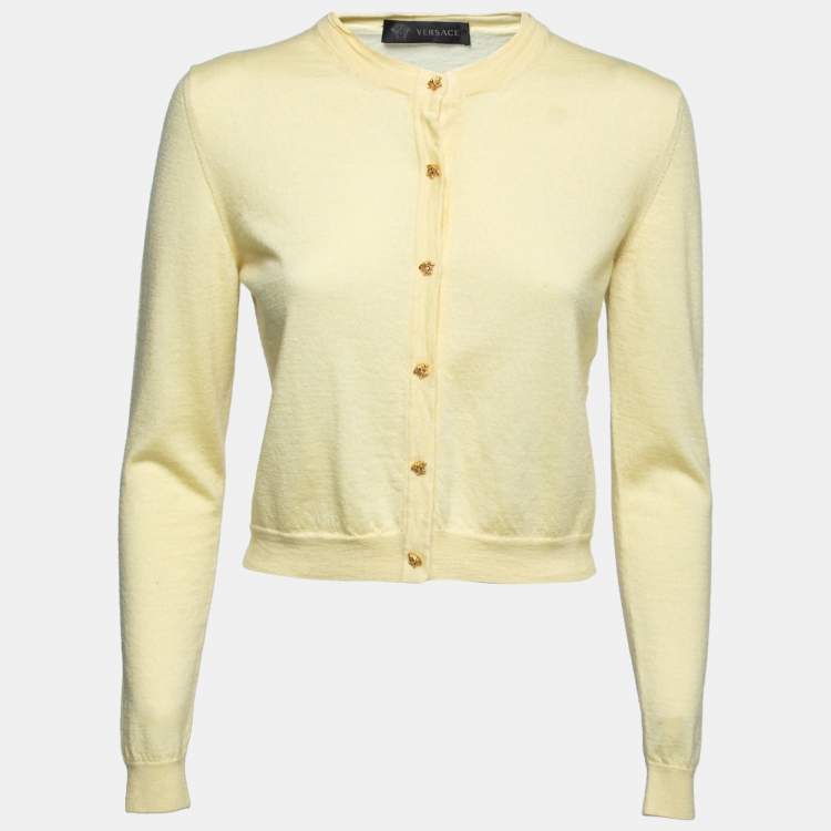 Pre Owned Versace Yellow Cashmere Button Front Cardigan L