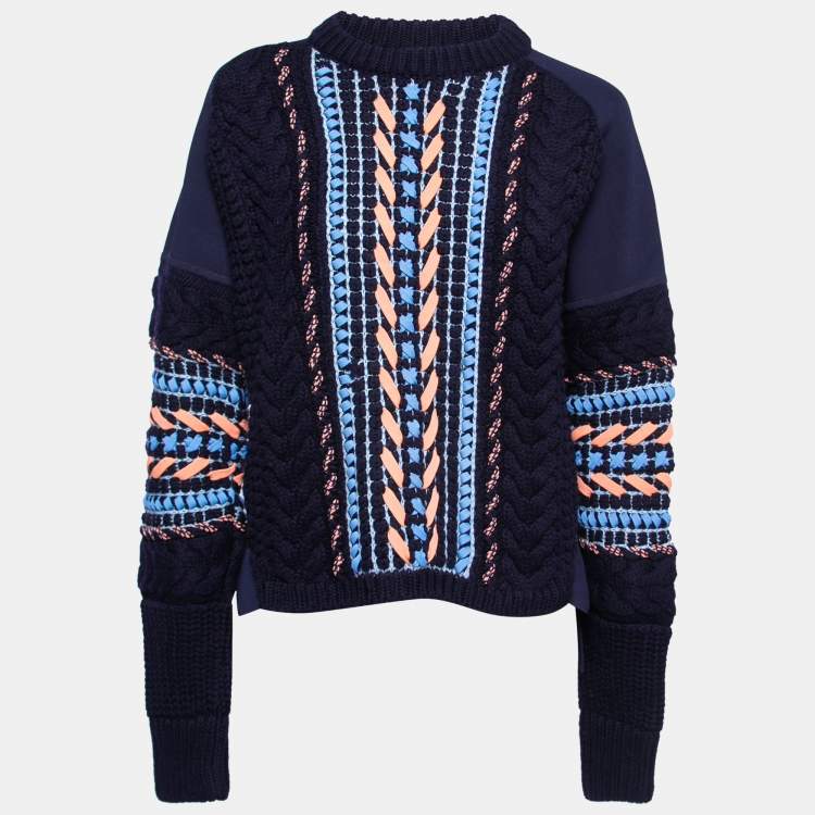 Pre Owned Versace Navy Blue Cable Knit Contrast Paneled Jumper M