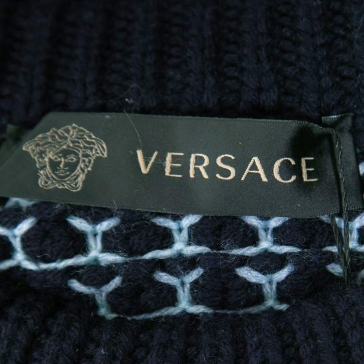 Pre Owned Versace Navy Blue Cable Knit Contrast Paneled Jumper M