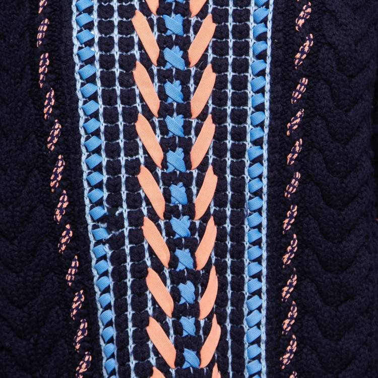 Pre Owned Versace Navy Blue Cable Knit Contrast Paneled Jumper M