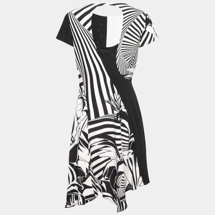 Pre Owned Versace Monochrome Printed Silk Crepe Dress M