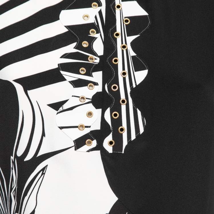 Pre Owned Versace Monochrome Printed Silk Crepe Dress M