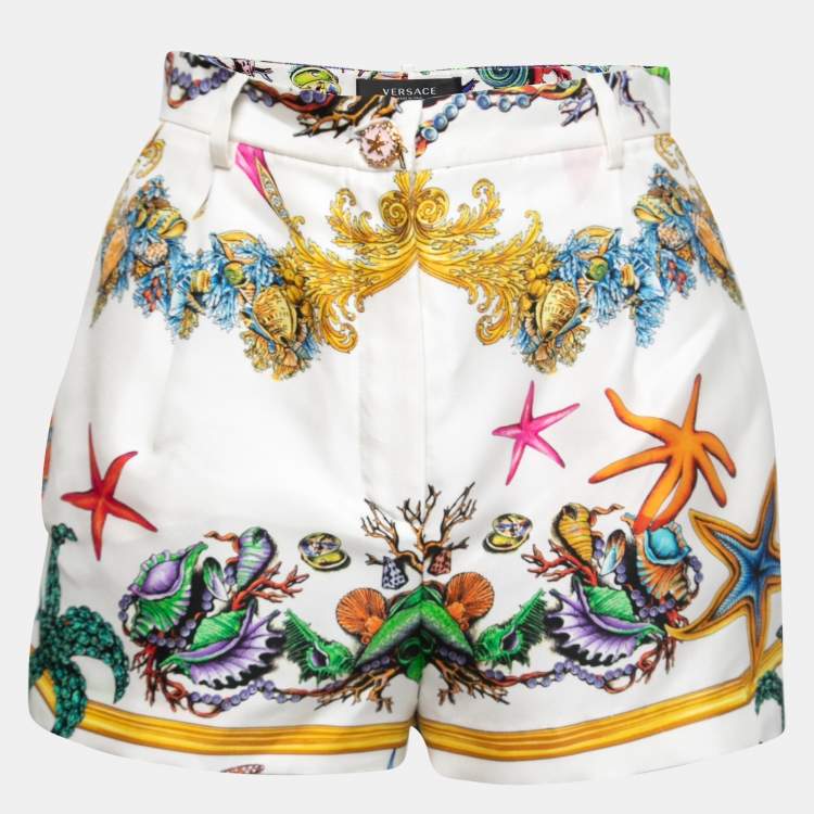 Pre Owned Versace White Ocean Baroque Printed Silk High Waist Shorts S