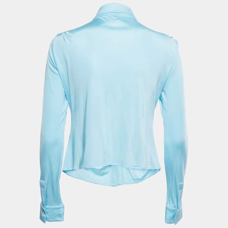 Pre Owned Versace Blue Jersey Ruched Button Front Top M
