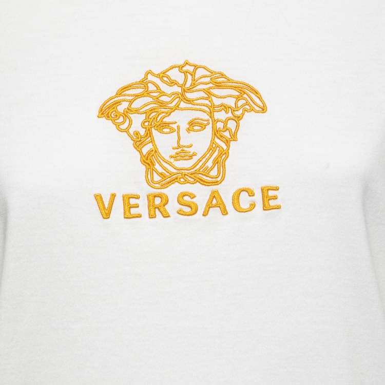 Pre Owned Versace White Cotton Medusa Embroidered Logo T Shirt XL