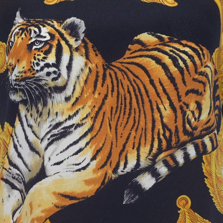Pre Owned Versace Black Tiger Printed Silk Top S