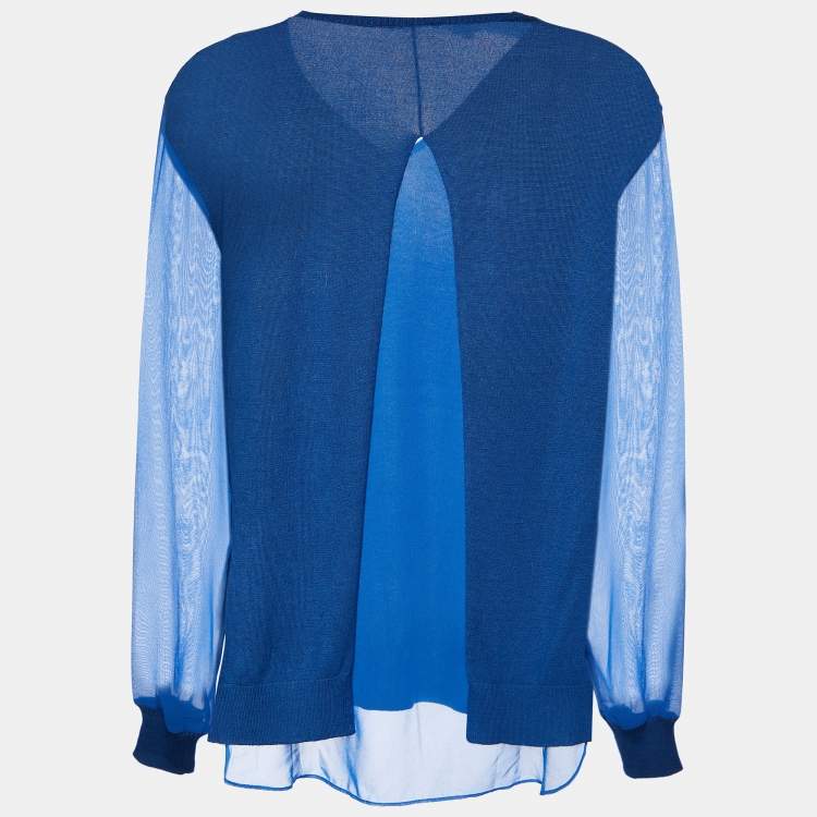 Pre Owned Versace Blue Knit & Chiffon Paneled V-Neck Jumper XXS