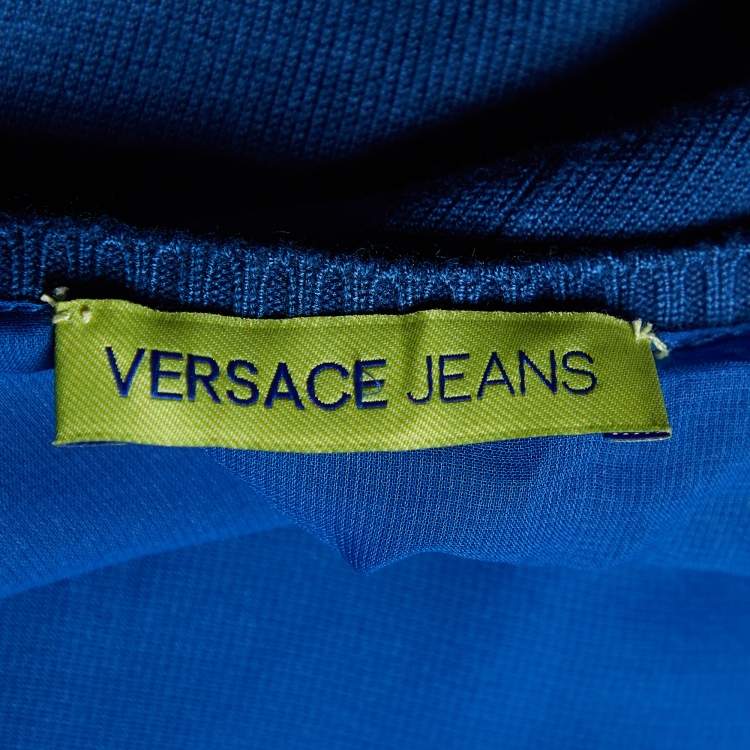 Pre Owned Versace Blue Knit & Chiffon Paneled V-Neck Jumper XXS