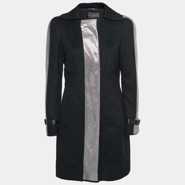 Pre Owned Versace Black Wool Embellished Mid-Length Coat S