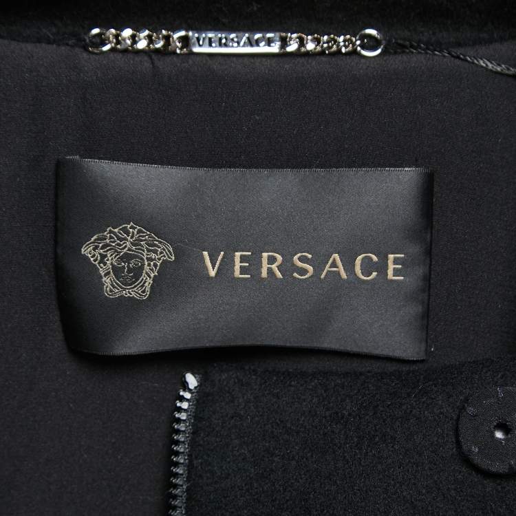 Pre Owned Versace Black Wool Embellished Mid-Length Coat S