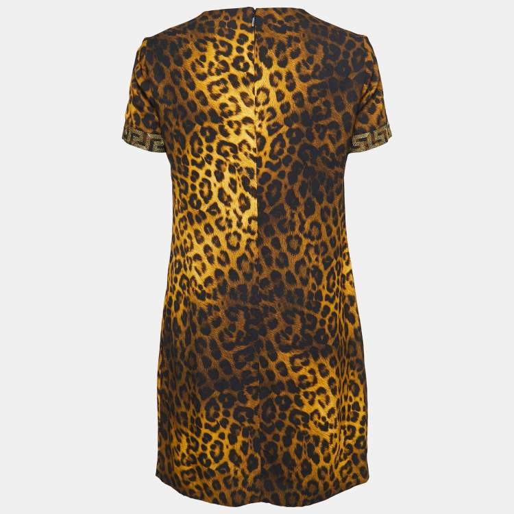 Pre Owned Versace Yellow Animal Printed Crepe Shift Midi Dress S