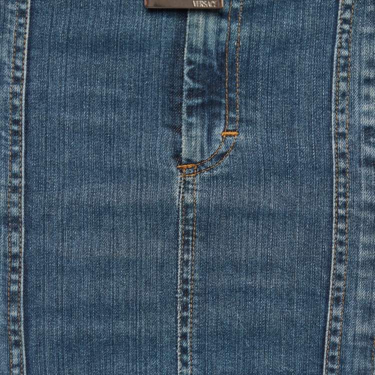 Pre Owned Versace Blue Denim Studded Belt Detail Mini Skirt S