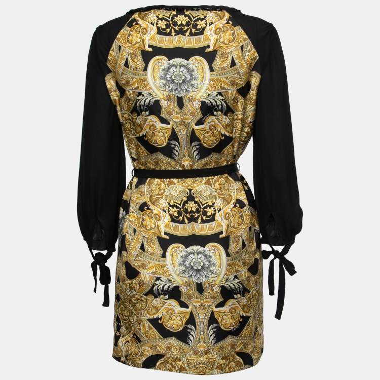 Versace Black Baroque Print Silk Long Sleeve Mini Dress S Versace