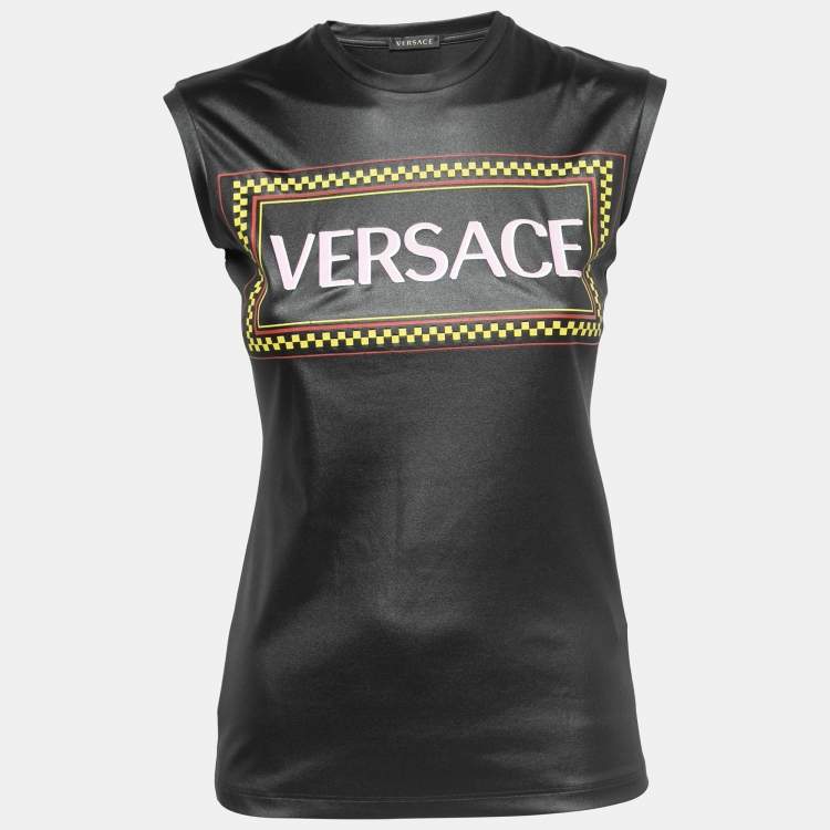 Pre Owned Versace Black Jersey Logo Print Sleeveless Top S