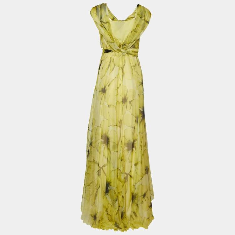 Pre Owned Versace Yellow Printed Silk Sleeveless Wrap Maxi Dress M