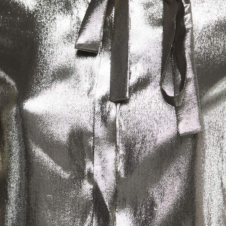 Pre Owned Versace Metallic Lurex Silk Blend Ruched Sleeve Neck Tie Detailed Shirt Blouse S