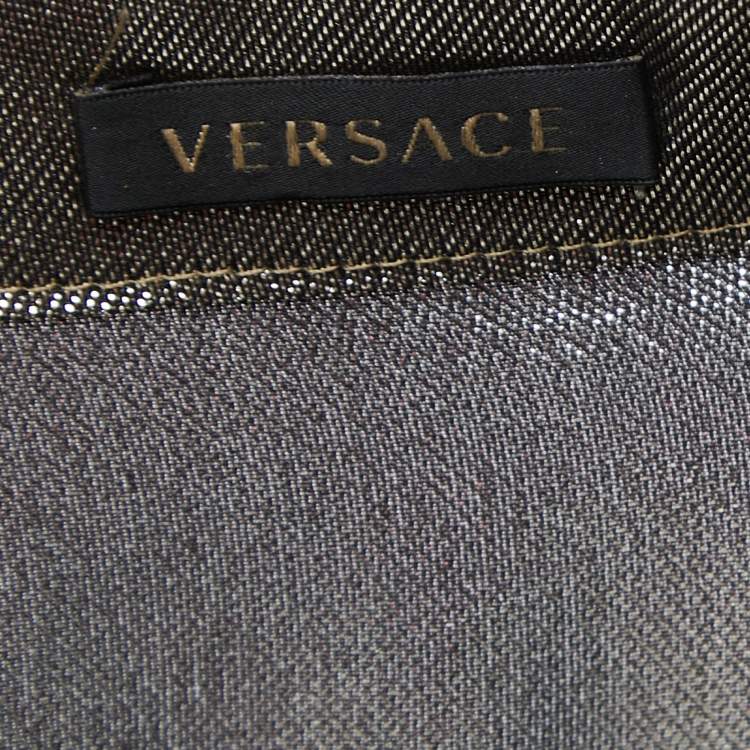 Pre Owned Versace Metallic Lurex Silk Blend Ruched Sleeve Neck Tie Detailed Shirt Blouse S