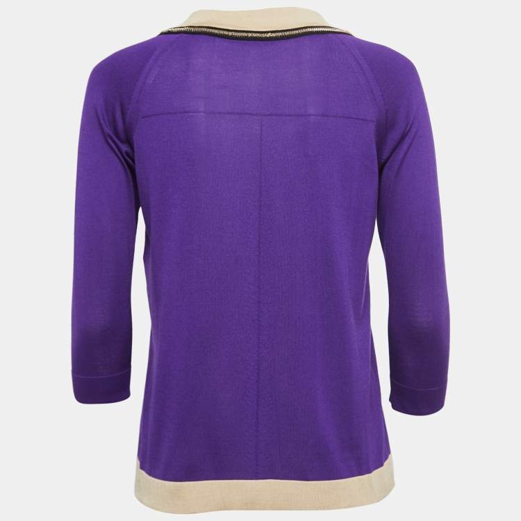 Pre Owned Versace Purple Silk Knit Contrast Trim Button Front Cardigan L