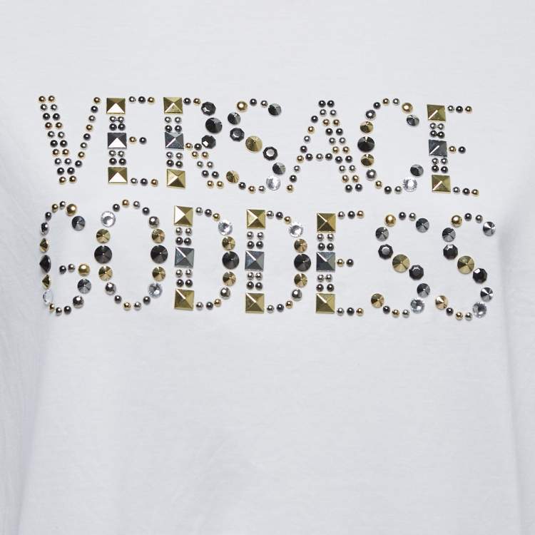 Pre Owned Versace White Studded Cotton Crew Neck Half Sleeve Goddess T-Shirt M