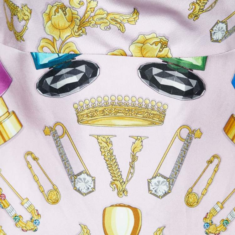 Pre Owned Versace Pink Printed Silk Metal Shoulder Cowl Neck Sleeveless Mini Dress S