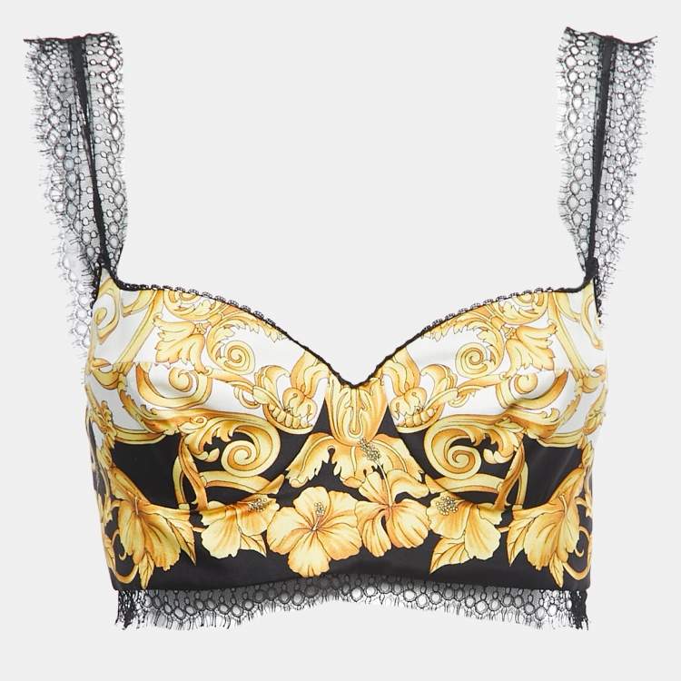 Pre Owned Versace Black/Yellow Print Silk Bustier Crop Top M