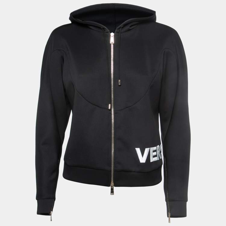 Pre Owned Versace Black Logo Embroidered Jersey Zip Front Hooded Jacket S