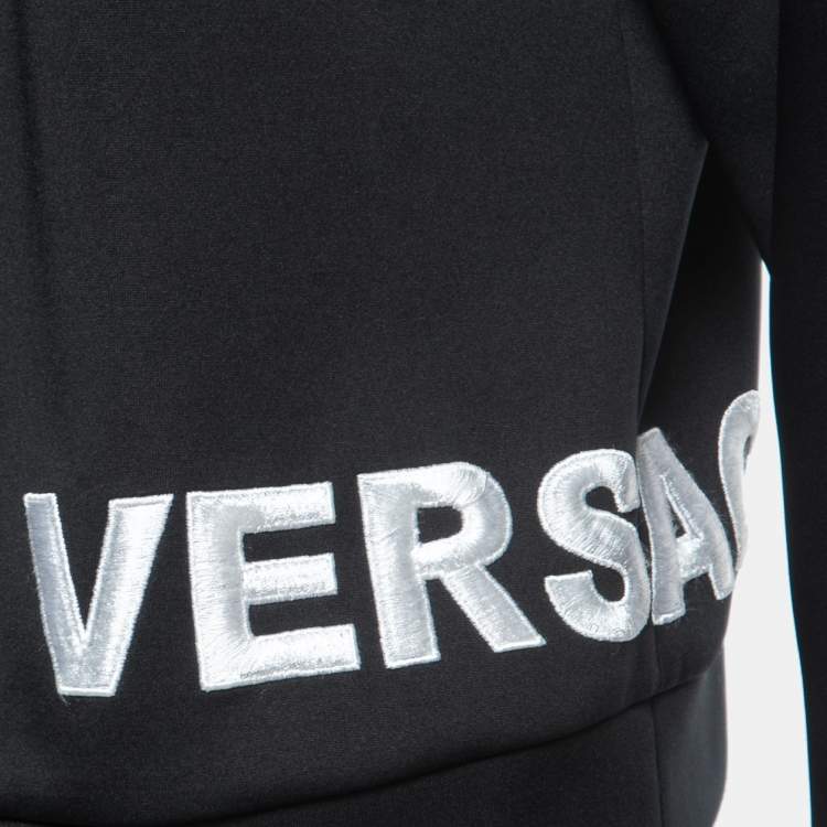 Pre Owned Versace Black Logo Embroidered Jersey Zip Front Hooded Jacket S