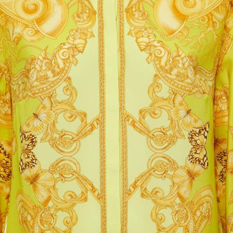 Pre Owned Versace Yellow All-Over Print Silk Button Front Full Sleeve Shirt L