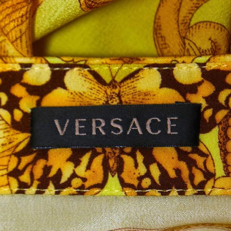 Pre Owned Versace Yellow All-Over Print Silk Button Front Full Sleeve Shirt L