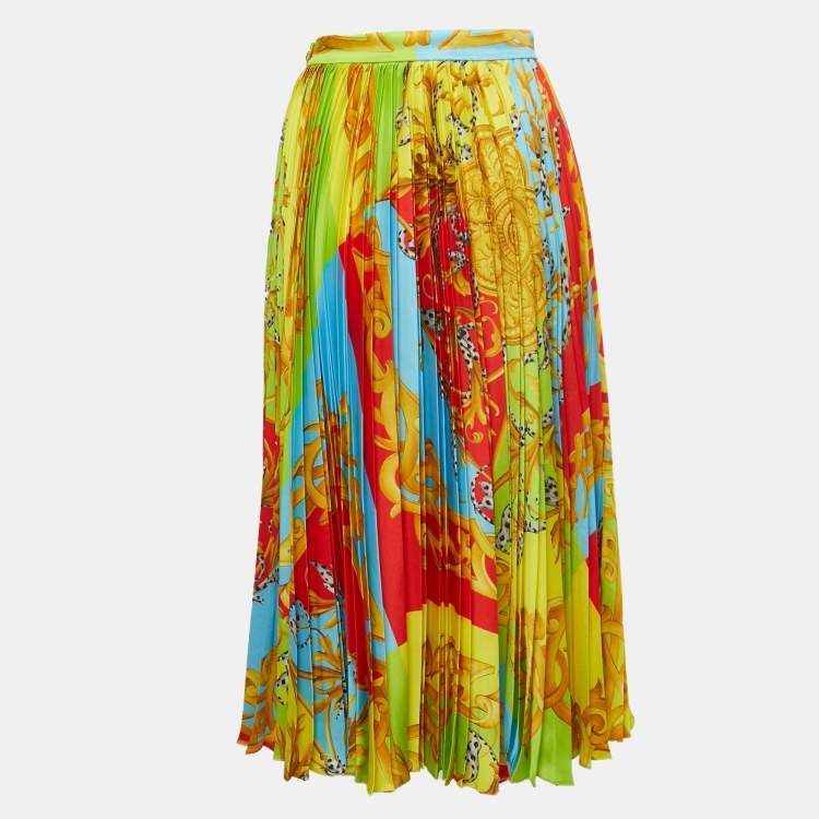 Pre Owned Versace Multicolor Summer Capsule Printed Satin Pleated Midi Skirt S