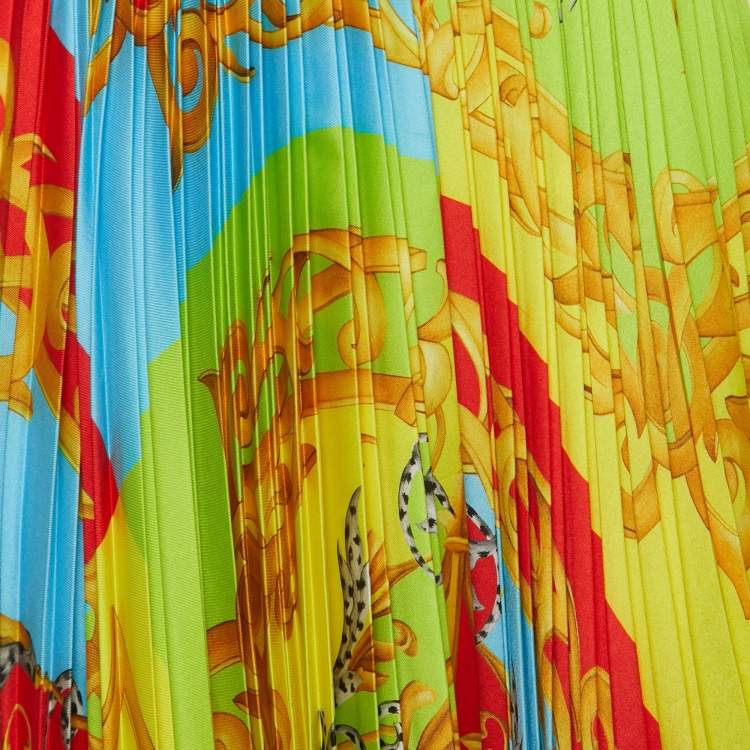 Pre Owned Versace Multicolor Summer Capsule Printed Satin Pleated Midi Skirt S
