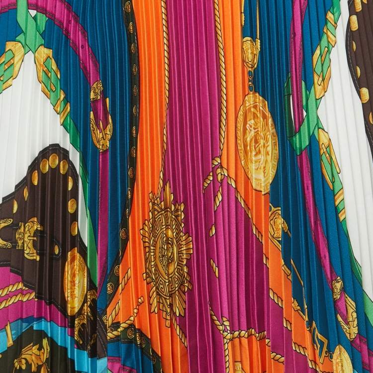 Pre Owned Versace Multicolor Print Synthetic Pleated Midi Skirt S
