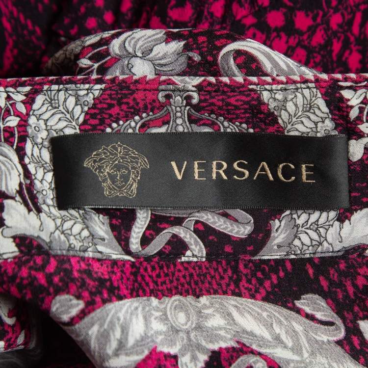 Pre Owned Versace Pink Snake & Baroque Print Silk Belted Sheath Dress M