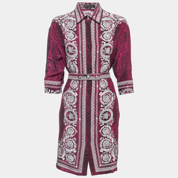 Pre Owned Versace Pink Snake & Baroque Print Silk Belted Sheath Dress M